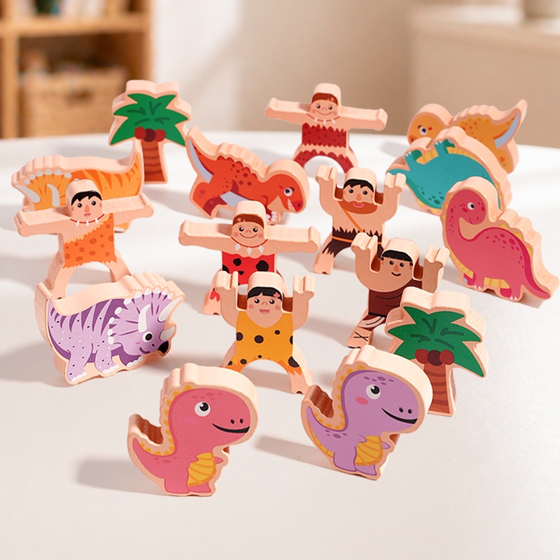 Wooden Blocks Stacking - Primitive Dinosaur Balance Stacking Blocks, Wooden
