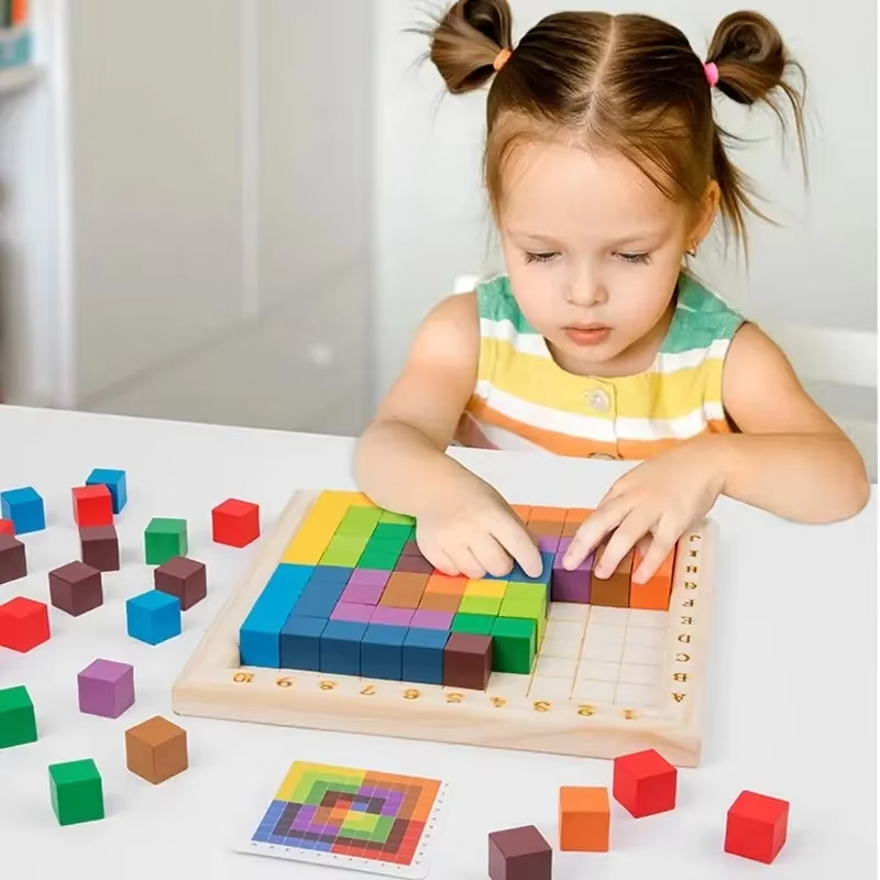 Wooden Blocks Stacking - Montessori Color Counting Building Block Wooden